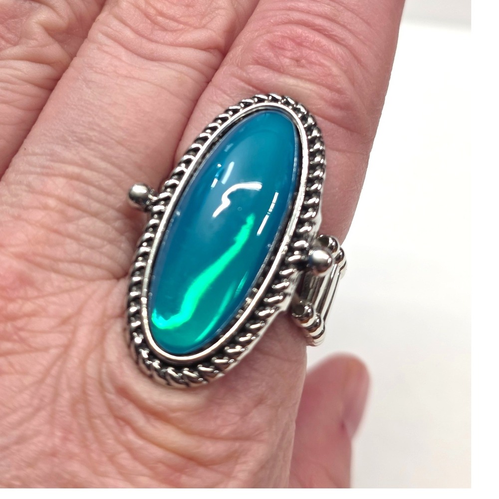New Blue Green Moonstone 1.5" Oval Ring Plus Size Blue Silver Tone Stretchy Band